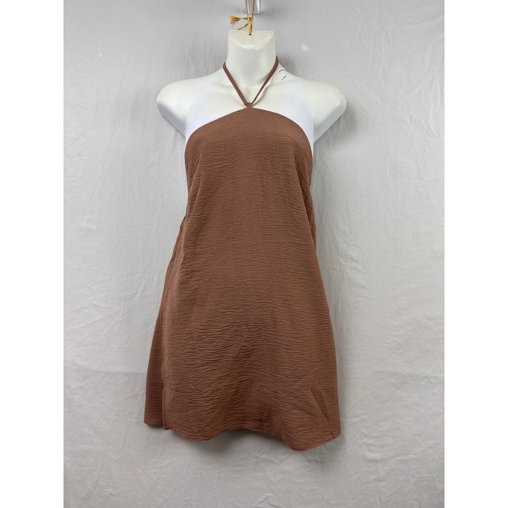 ASOS Design Halter Tunic Top Womens XS Brown Textured Crepe Side Slit Tie Neck